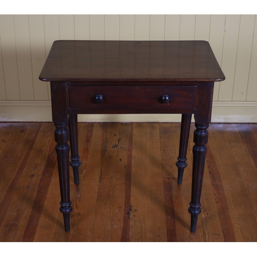 31 - A 19TH CENTURY MAHOGANY OCCASIONAL TABLE the square moulded top above a frieze drawer on turned legs... 