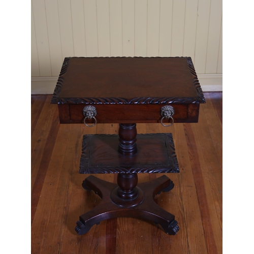 32 - A 19TH CENTURY MAHOGANY OCCASIONAL TABLE of square outline with gadrooned carved rim and frieze draw... 