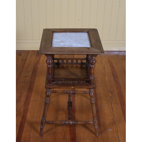 36 - A VINTAGE STAINED BEECHWOOD AND MARBLE OCCASIONAL TABLE the square top with marble inset above an op... 