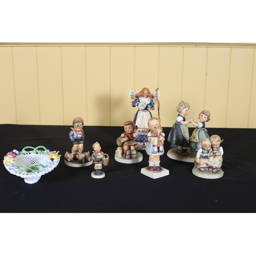 368 - SIX HUMMEL FIGURES together with a Dresden style woven dish, etc.