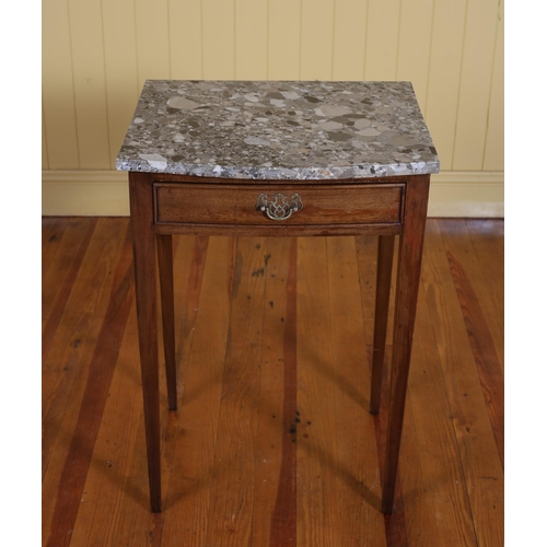 37 - A VINTAGE MAHOGANY AND MARBLE TOP OCCASIONAL TABLE of rectangular bowed outline with frieze drawer o... 