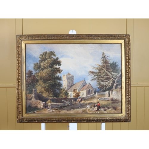 378 - ENGLISH SCHOOL, 19TH CENTURY Church Yard with Figures Watercolour 53cm (h) x 74cm (w)