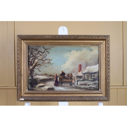 380 - ENGLISH SCHOOL, LATE 19TH CENTURY Horse and Trap in a Winter Landscape with Cottage and Figures Oil ... 