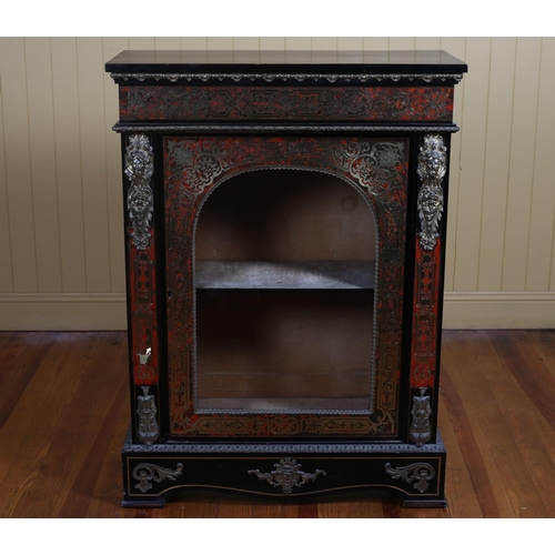 398 - A 19TH CENTURY EBONISED RED BOULLE AND BRASS INLAID PEER CABINET with arched glazed door between mou... 