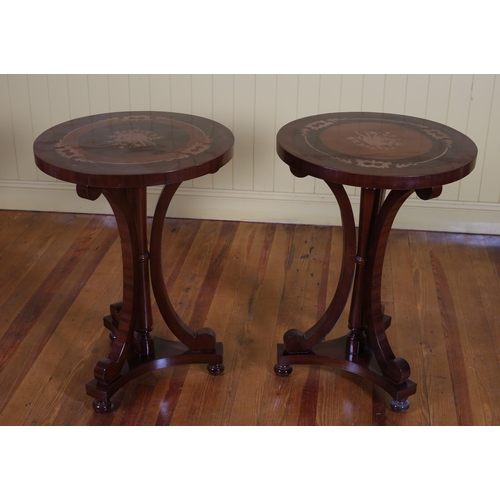 40 - A PAIR OF CONTINENTAL KINGWOOD AND MARQUETRY OCCASIONAL TABLES each of circular outline raised on sh... 