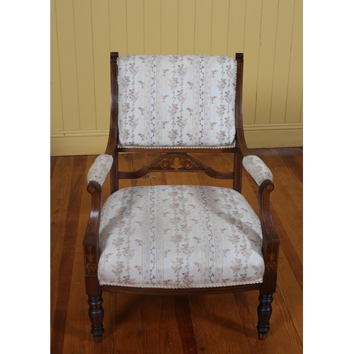 404 - AN EDWARDIAN MAHOGANY AND SATINWOOD INLAID AND UPHOLSTERED ARMCHAIR with upholstered back and seat o... 