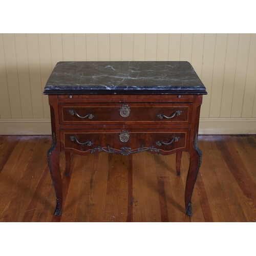 408 - A CONTINENTAL KINGWOOD INLAID AND GILT BRASS MOUNTED CHEST surmounted by a green veined marble top a... 