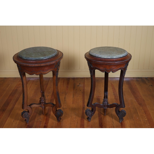 410 - A PAIR OF CONTINENTAL KINGWOOD GILT BRASS MOUNTED AND MARBLE TABLES each of circular outline with gr... 