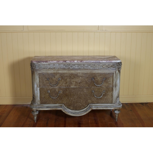 414 - A CONTINENTAL SHABBY CHIC AND MARBLE CHEST surmounted by a rouge veined marble top above two deep dr... 