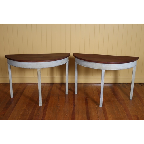 417 - A PAIR OF GEORGIAN MAHOGANY AND PAINTED SIDE TABLES each of demi lune outline the shaped tops on squ... 