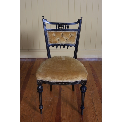 418 - A 19TH CENTURY EBONISED AND PARCEL GILT SIDE CHAIR by Jones & Son Dublin the shaped top rail with ur... 