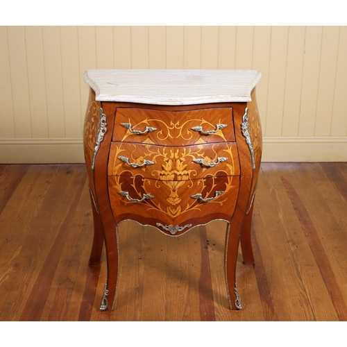 425 - A CONTINENTAL KINGWOOD MARQUETRY AND GILT BRASS MOUNTED CHEST of bombe outline surmounted by a veine... 