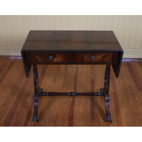 44 - A GEORGIAN STYLE MAHOGANY CROSSBANDED SOFA TABLE the rectangular hinged top with two frieze drawers ... 