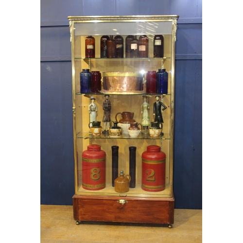 458 - A FINE 19TH CENTURY BRONZE GLAZED SHOP DISPLAY CABINET with three adjustable glazed shelves the base... 