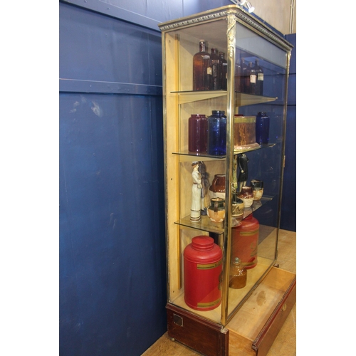 458 - A FINE 19TH CENTURY BRONZE GLAZED SHOP DISPLAY CABINET with three adjustable glazed shelves the base... 