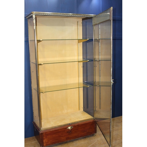 458 - A FINE 19TH CENTURY BRONZE GLAZED SHOP DISPLAY CABINET with three adjustable glazed shelves the base... 