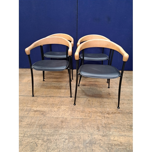 467 - A SET OF FOUR BEECHWOOD TUBULAR AND UPHOLSTERED TUB SHAPED DESIGNER CHAIRS 76cm (h) 58cm (w) 52cm (d... 