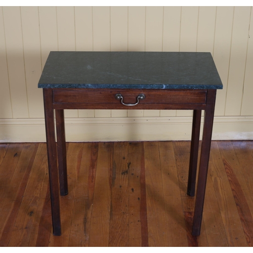 47 - A 19TH CENTURY MAHOGANY AND MARBLE TOP TABLE the green veined marble top above a frieze drawer on mo... 