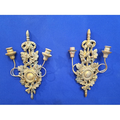 474 - A PAIR OF GILTWOOD TWO BRANCH WALL SCONCES each with a ribbon tied and foliate backplate issuing two... 