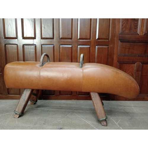 482 - A VINTAGE HIDE AND PITCH PINE POMMEL HORSE of typical form 62cm (h) x 160cm (w) x 60cm (d)