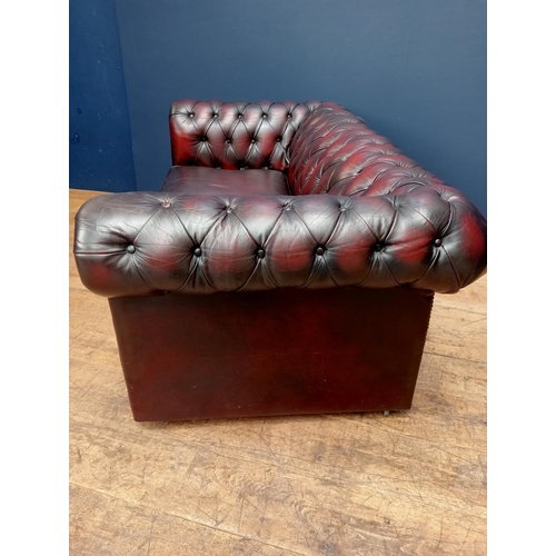 488 - A VICTORIAN STYLE HIDE UPHOLSTERED LIBRARY SETTEE with deep buttoned upholstered back and seat with ... 