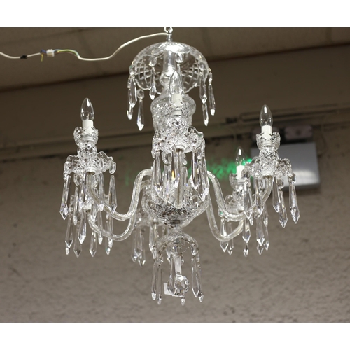 496 - A WATERFORD CUT GLASS SIX BRANCH CHANDELIER hung with faceted pendants 86cm (drop)