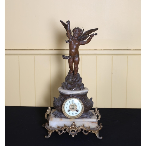 508 - A VINTAGE CONTINENTAL GILT SPELTER AND ONYX CLOCK surmounted by a winged eagle above a shaped cylind... 