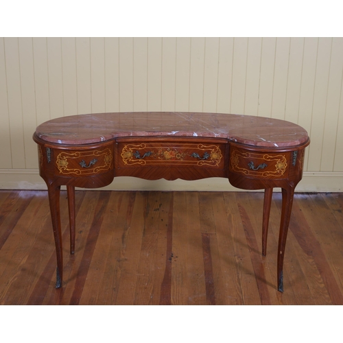 52 - A CONTINENTAL KINGWOOD AND MARBLE TOP CONSOLE TABLE of concaved outline with three frieze drawers on... 