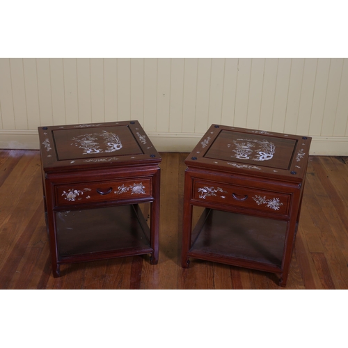 57 - A PAIR OF CHINESE ROSEWOOD AND MOTHER OF PEARL INLAID LAMP TABLES each of square form with frieze dr... 