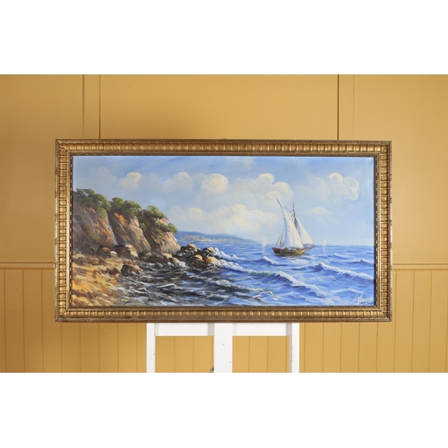 572 - CONTINENTAL SCHOOL Seascape with Sailing Boat Signed lower right Oil on canvas 48cm (h) x 98cm (w)