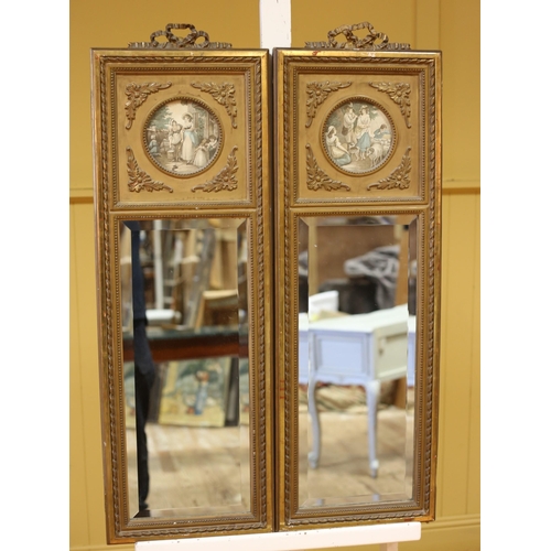 576 - A PAIR OF VINTAGE CONTINENTAL GILTWOOD AND GESSO TRUMEAU MIRRORS the rectangular frames with ribbon ... 