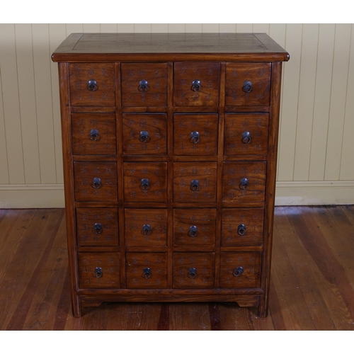 59 - A CHINESE HARDWOOD MEDICINE CABINET the square moulded top above an arrangement of twenty drawers wi... 