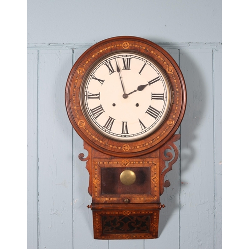 598 - A 19TH CENTURY WALNUT INLAID DROP DIAL WALL CLOCK the circular dial with Roman numerals 72cm (h)