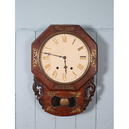 599 - A 19TH CENTURY MAHOGANY AND BRASS INLAID DROP DIAL WALL CLOCK of octagonal form the painted dial wit... 