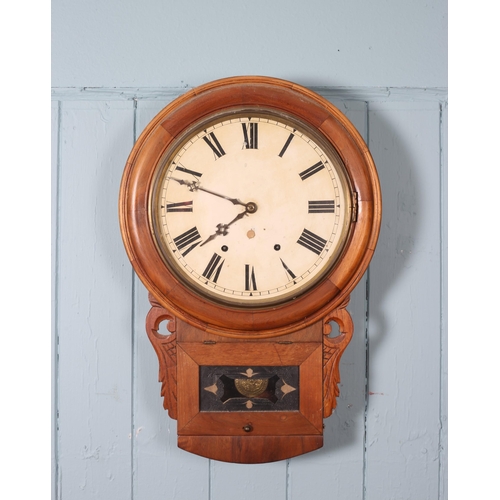 601 - A VICTORIAN MAHOGANY DROP DIAL WALL CLOCK the painted dial with Roman numerals 62cm (h)