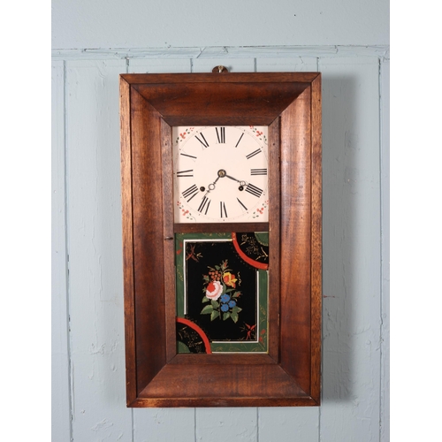 608 - FOUR AMERICAN DROP DIAL WALL CLOCKS each of rectangular form with painted dials and Roman numerals a... 