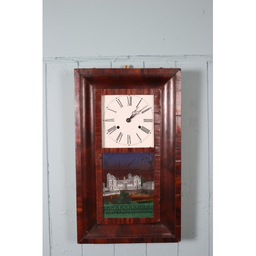 610 - FOUR AMERICAN DROP DIAL WALL CLOCKS each of rectangular form with painted dials and Roman numerals a... 