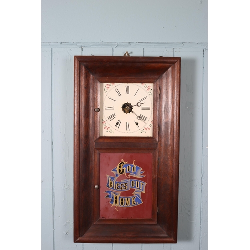 610 - FOUR AMERICAN DROP DIAL WALL CLOCKS each of rectangular form with painted dials and Roman numerals a... 