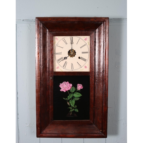 611 - FOUR AMERICAN DROP DIAL WALL CLOCKS each of rectangular form with painted dials and Roman numerals a... 