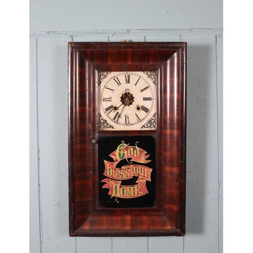 611 - FOUR AMERICAN DROP DIAL WALL CLOCKS each of rectangular form with painted dials and Roman numerals a... 