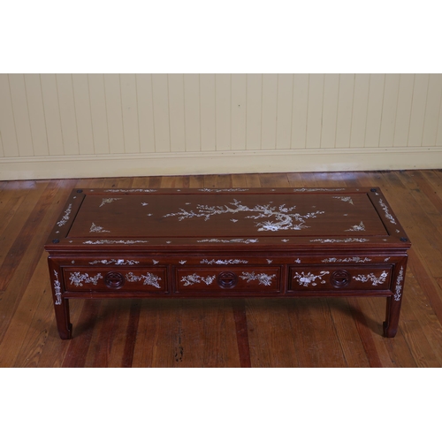 63 - A CHINESE ROSEWOOD AND MOTHER OF PEARL INLAID COFFEE TABLE of square form with three frieze drawers ... 