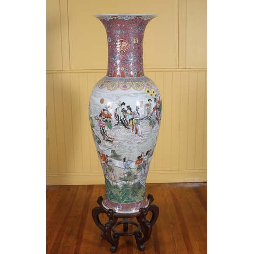 64 - A LARGE CHINESE FAMILLE ROSE STYLE PORCELAIN VASE the light blue, turquoise and pink ground decorate... 