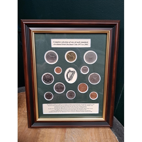 642 - A COMPLETE SELECTION OF ONE OF EACH STANDARD CIRCULAR IRISH DECIMAL COINS 1971-2001 (framed) 31cm (h... 