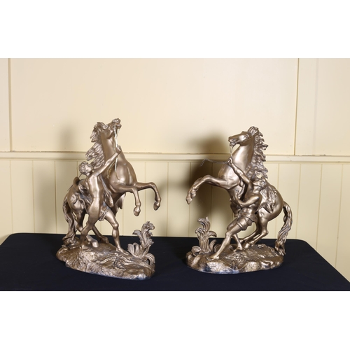 66 - A PAIR OF VINTAGE GILT SPELTER MARLEY HORSES with handlers 51cm (h), A VINTAGE GILT SPELTER AND MARB... 