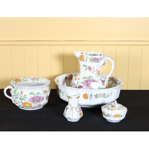 71 - A FIVE PIECE MASON'S IRONSTONE JUG AND BASIN SET comprising chamber pot, wash bowl, soap tray, vase ... 