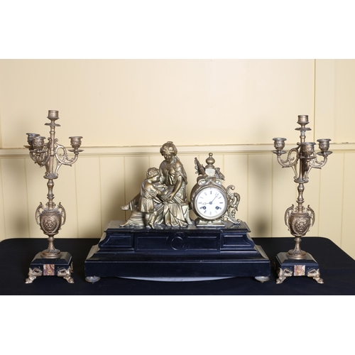 76 - A 19TH CENTURY GILT SPELTER CLOCK GARNITURE the circular enamel dial with Roman numerals flanked by ... 