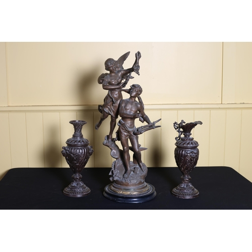 81 - A VINTAGE GILT SPELTER GROUP MODELED AS AN ANGEL AND FIGURE HOLDING A HARP,a vintage spelter ewer an... 