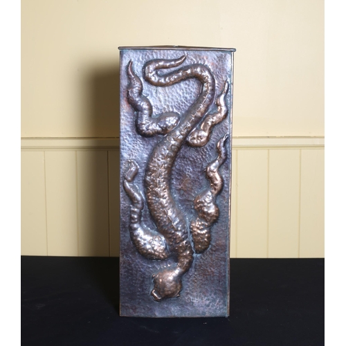 82 - A VINTAGE COPPER EMBOSSED CORNER STICK STAND moulded in high relief with lizards 59cm (h)