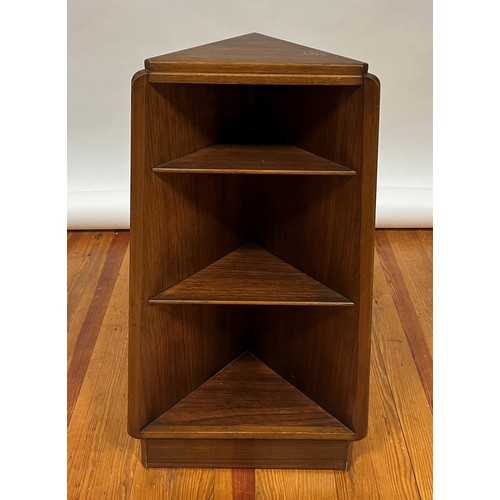 743 - A RETRO TEAK THREE SHELF CORNER CABINET 85cm (h) x 49cm (w) x 25cm (d)