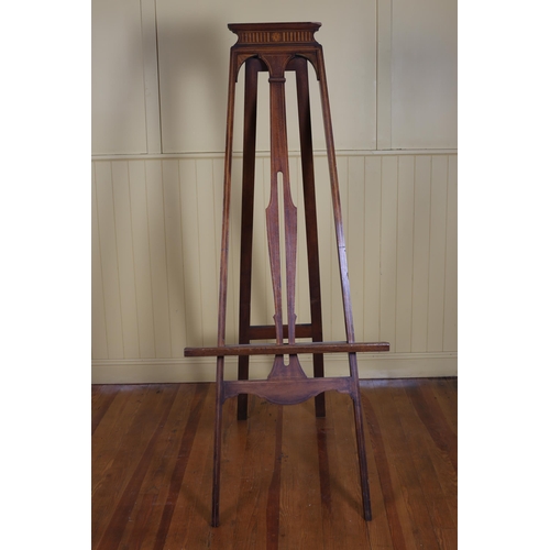 124 - A GOOD EDWARDIAN MAHOGANY AND SATINWOOD INLAID FOLDING EASEL of typical form 196cm (h) x 77cm (w)